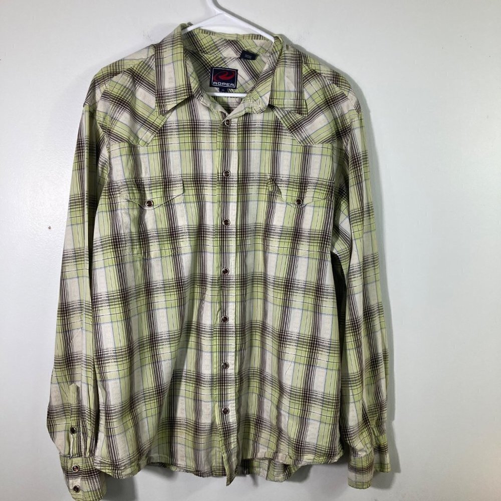 Mens Roper Pearl Snap Western Plaid LS Shirt Green White Black w Embroidery Deta